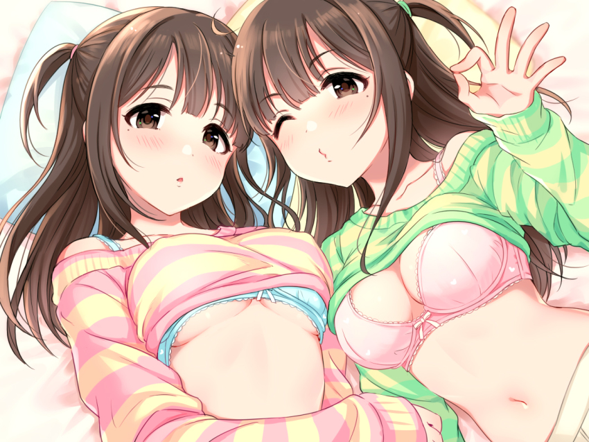 2girls blue_bra blush bow bow_bra bra breasts brown_hair cleavage long_hair long_sleeves looking_at_viewer lying medium_breasts midriff mole mole_under_eye multiple_girls navel o3o off-shoulder_sweater off_shoulder official_art ok_sign on_back on_bed one_eye_closed open_mouth pillow pink_bra puckered_lips shirt siblings sidelocks source_request striped_clothes striped_shirt sweater tsukana_(saba_mizore) twins two_side_up underboob underwear upper_body