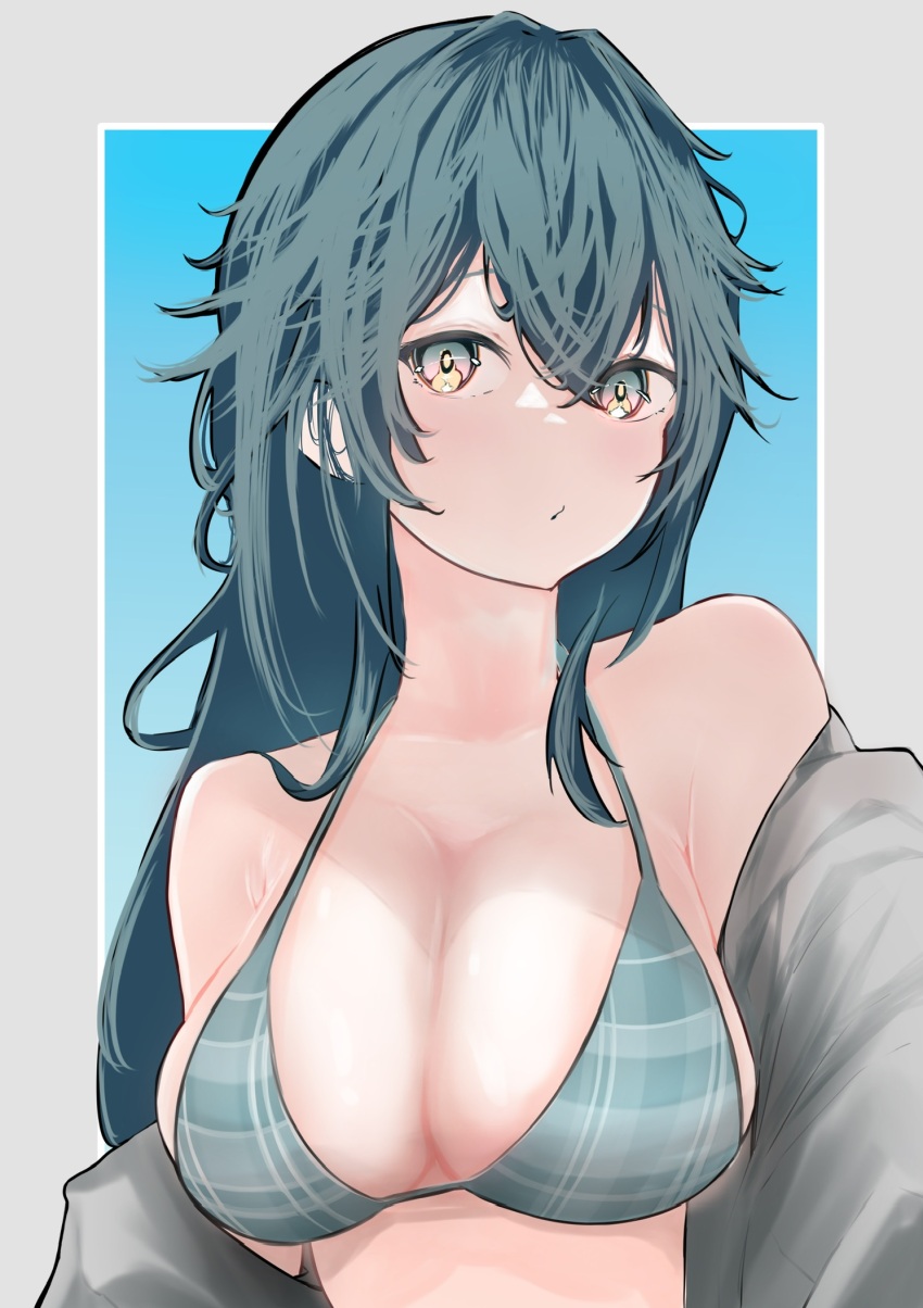 1girl bikini blush border breasts cleavage commentary_request gakuen_idolmaster green_eyes green_hair grey_border hair_flaps hair_intakes halterneck highres idolmaster large_breasts long_hair looking_at_viewer plaid_bikini plaid_clothes siesta_doujin solo swimsuit tsukimura_temari upper_body very_long_hair