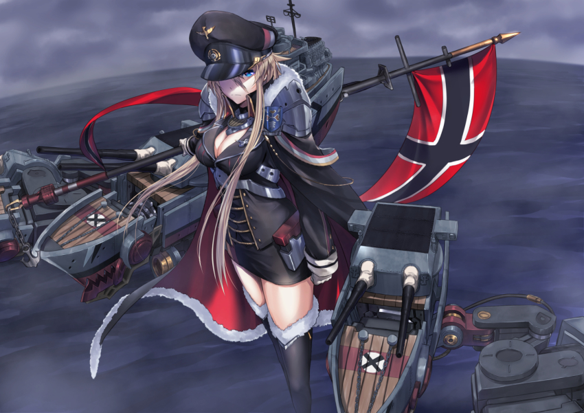 1girl aiguillette anchor armor azur_lane bismarck_(azur_lane) black_cape black_hat black_shirt black_skirt black_thighhighs blonde_hair blue_eyes breasts cape cleavage cloud cloudy_sky collared_cape commentary_request cowboy_shot flag frown fur-trimmed_cape fur-trimmed_legwear fur_trim gloves hair_between_eyes hat holding holding_flag ironblood_rigging large_breasts long_hair long_sleeves looking_at_viewer machinery military military_hat military_uniform miniskirt ocean peaked_cap rigging ship_turret shirt shoulder_armor sidelocks skirt sky solo standing standing_on_liquid thighhighs white_gloves wing_collar zettai_ryouiki zombie_mogura