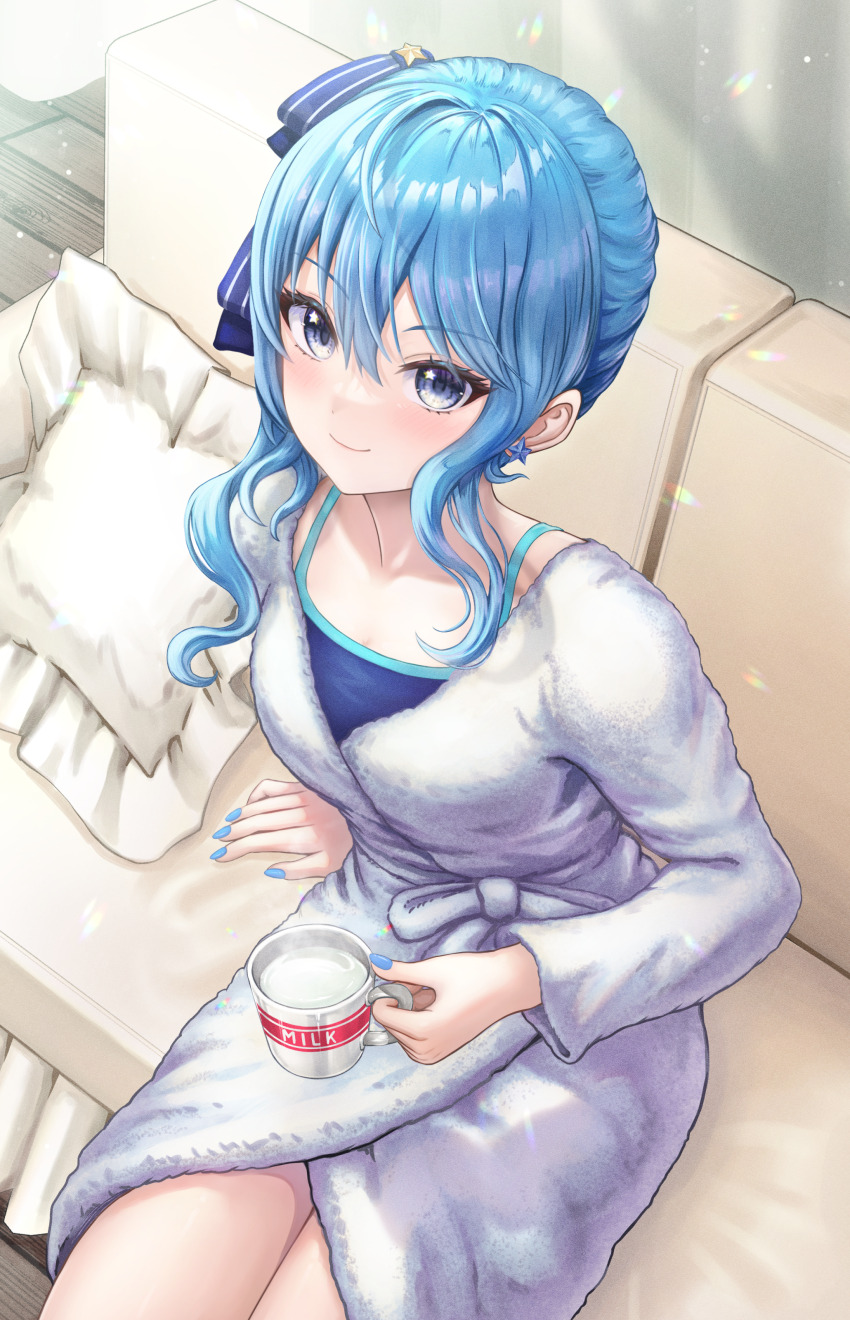 1girl absurdres blue_eyes blue_hair highres hololive hoshimachi_suisei long_sleeves looking_at_viewer nail_polish side_ponytail sitting solo virtual_youtuber wajuniorbox