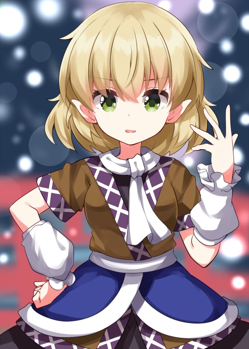 1girl black_skirt blonde_hair blurry blurry_background brown_shirt commentary cowboy_shot green_eyes hand_on_own_hip hand_up highres looking_at_viewer mizuhashi_parsee pointy_ears ruu_(tksymkw) sash scarf shirt short_hair short_sleeves skirt solo touhou white_arm_warmers white_sash white_scarf