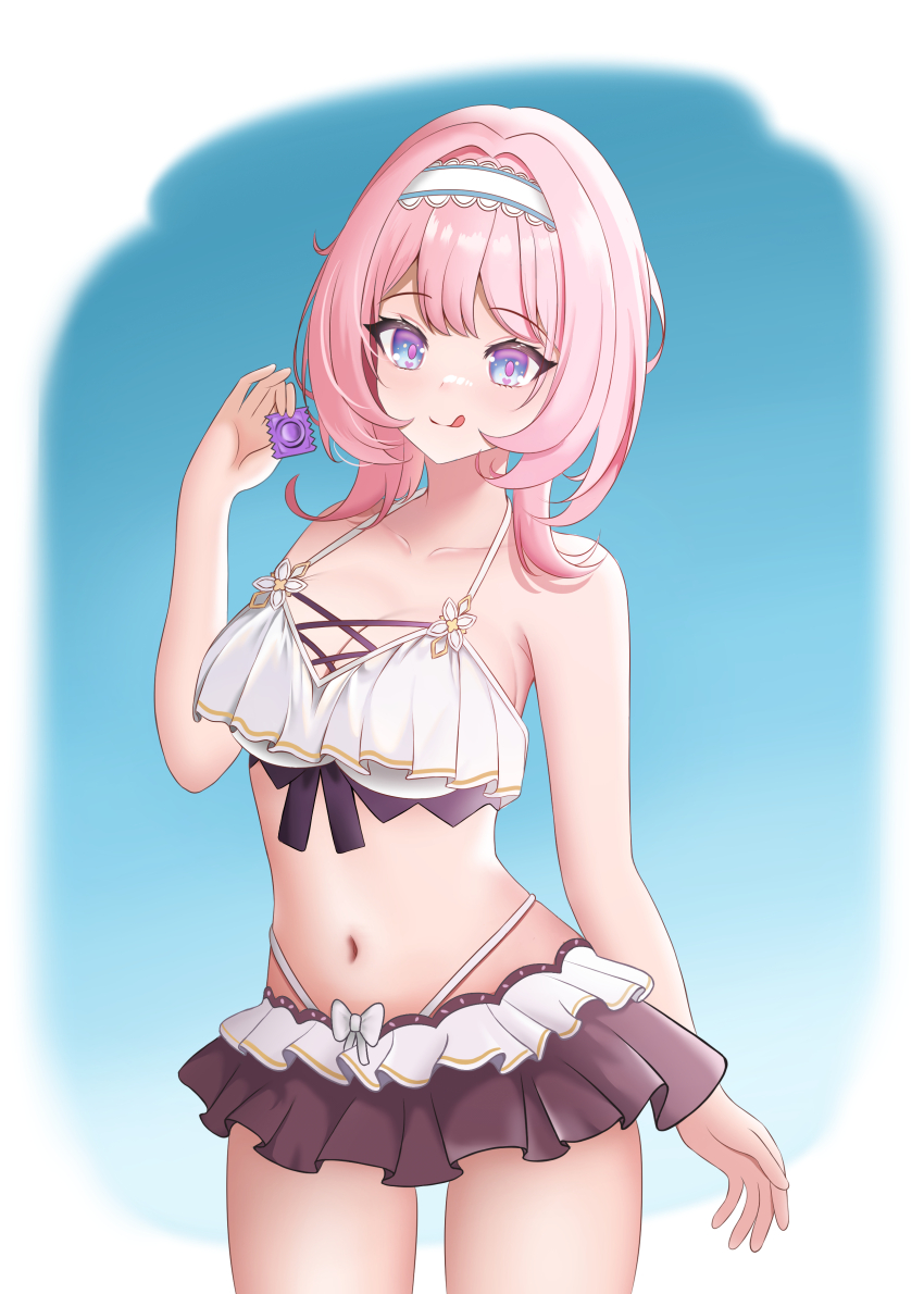 absurdres aozora_14_(pixiv_32699688) bare_shoulders bikini bikini_skirt blue_eyes breasts cleavage collarbone commentary condom cowboy_shot elysia_(honkai_impact) elysia_(miss_pink_elf)_(honkai_impact) elysia_(summer_miss_elf)_(honkai_impact) english_commentary hairband highres holding holding_condom honkai_(series) honkai_impact_3rd large_breasts medium_hair navel official_alternate_costume pink_hair stomach swimsuit thighs tongue tongue_out two-tone_background white_hairband