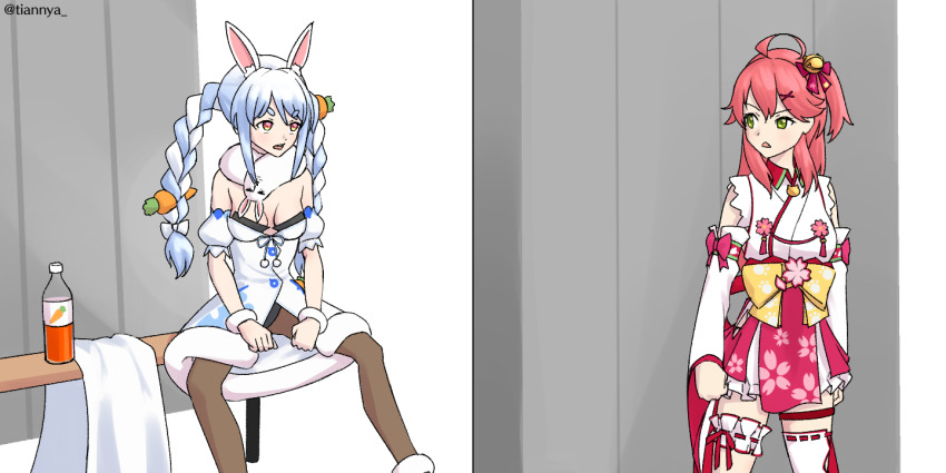 blue_hair gachimuchi hololive leatherclub_scene_(meme) meme pink_hair rabbit_girl sakura_miko tian_nya usada_pekora van_darkholme virtual_youtuber