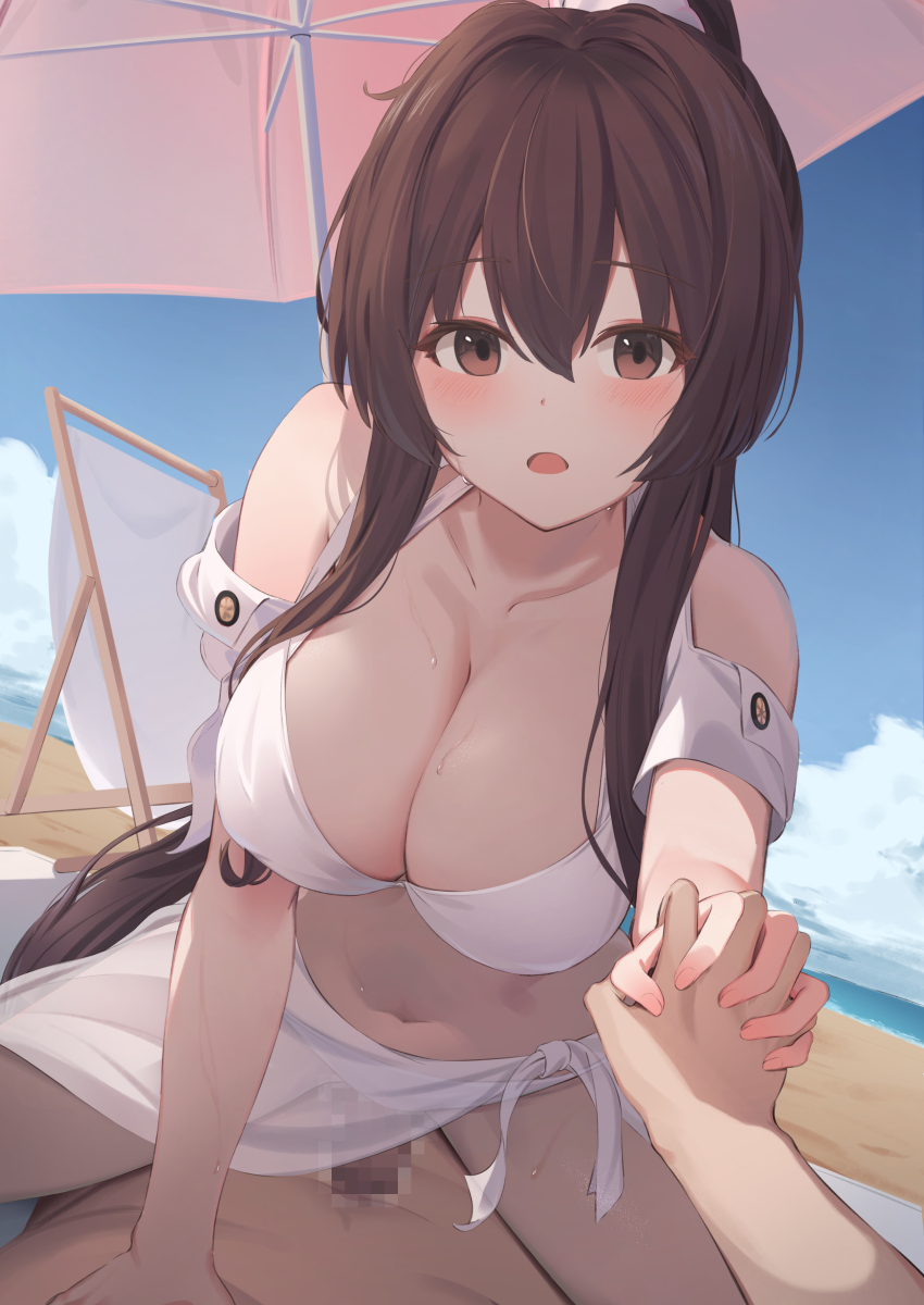 1boy 1girl absurdres beach bikini breasts brown_eyes brown_hair cleavage commentary_request cowgirl_position hetero highres holding_hands imminent_penetration kantai_collection kokenashi large_breasts long_hair looking_at_viewer navel official_alternate_costume outdoors ponytail pov sarong straddling swimsuit white_bikini white_sarong yamato_(kancolle) yamato_kai_ni_(kancolle) yamato_kai_ni_(swimsuit)_(kancolle)