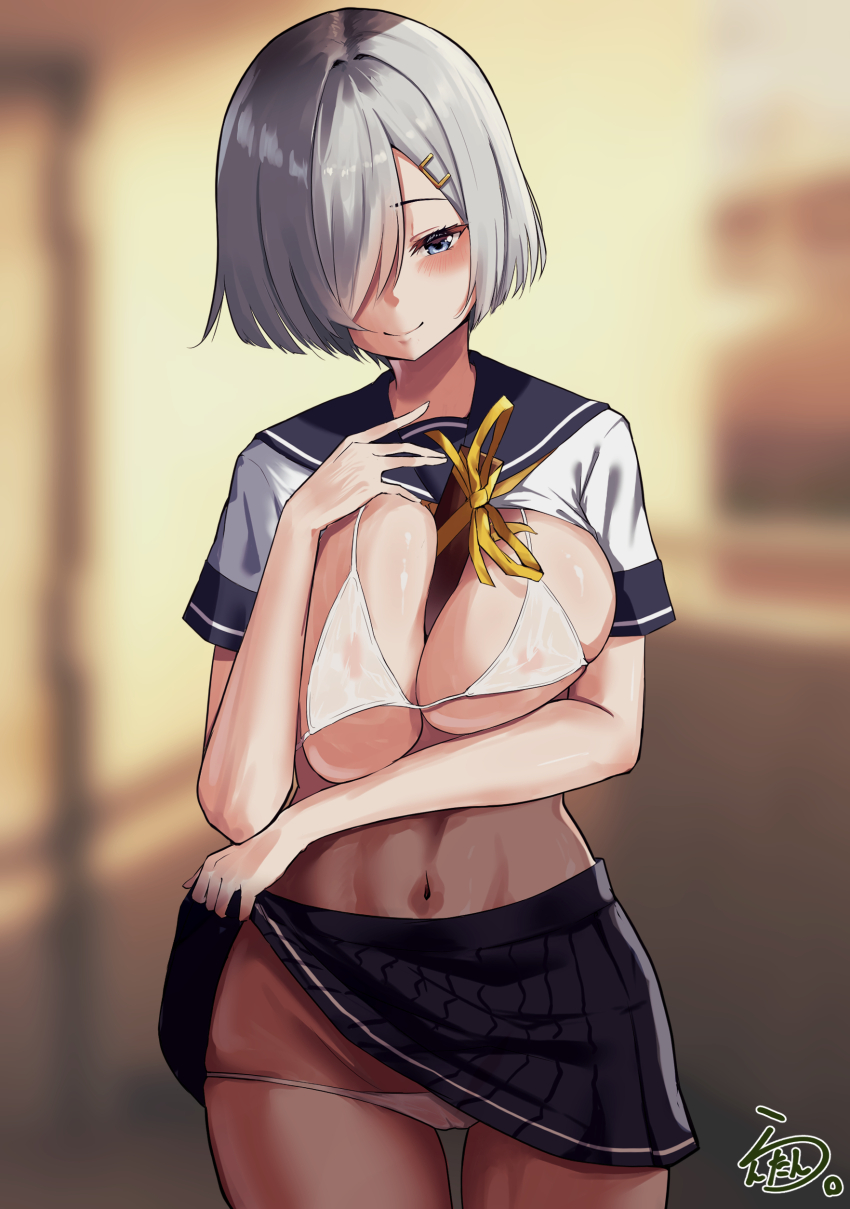 1girl absurdres between_breasts blue_eyes blue_skirt bra breasts cameltoe clothes_lift grey_hair hair_ornament hair_over_one_eye hairclip hamakaze_(kancolle) highres huge_breasts kantai_collection lanthan lifting_own_clothes miniskirt navel neckerchief panties pleated_skirt shirt_lift short_hair short_sleeves skirt skirt_lift smile solo underwear white_bra white_panties yellow_neckerchief