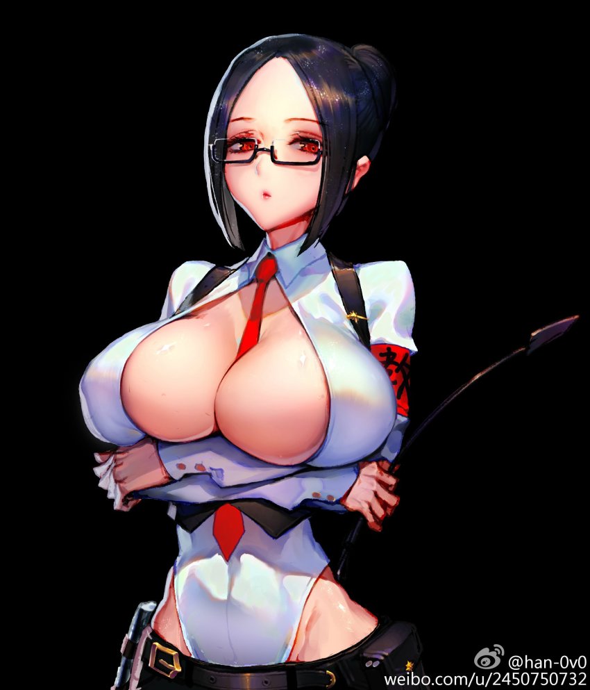 1girl armband artist_name belt belt_buckle between_breasts black_background black_hair black_pants breast_hold breast_rest breasts buckle buttons cleavage collared_shirt covered_navel eyelashes female_focus glasses groin hair_bun han-0v0 highleg highres holding huge_breasts lips long_sleeves looking_at_viewer necktie necktie_between_breasts open_clothes open_shirt original pants parted_lips red_eyes red_necktie riding_crop semi-rimless_eyewear shirt short_hair sidelocks simple_background single_hair_bun solo strap teacher upper_body watermark web_address white_shirt