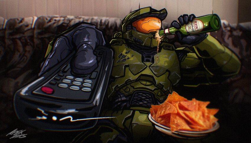 1boy apexartsig artist_name assault_visor beer_bottle black_gloves bottle commentary controller couch doritos english_commentary gloves green_helmet halo_(series) helmet highres holding holding_bottle holding_remote_control male_focus man_watching_tv_(meme) master_chief meme remote_control sitting solo spartan_(halo)