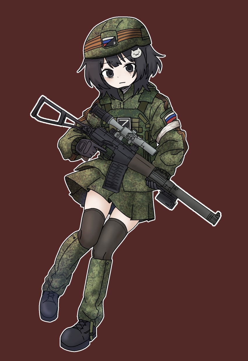 1girl adapted_costume as_val assault_rifle bandaged_arm bandages black_eyes black_hair black_thighhighs bulletproof_vest camouflage camouflage_skirt cat_hair_ornament chin_strap combat_helmet gloves gun hair_ornament helmet highres holding holding_gun holding_weapon jephy_0 kalashnikov_rifle korean_commentary leg_warmers load_bearing_vest military_combat_uniform original outline red_background ribbon_of_saint_george rifle russian_flag russian_ground_forces scope simple_background skirt solo thighhighs weapon white_outline z_(russian_symbol)