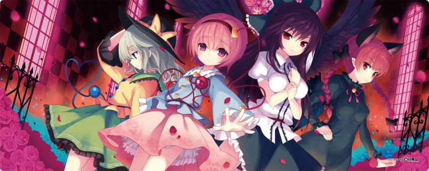 4girls animal_ears black_hair black_wings blush bow braid cat_ears cat_girl cat_tail checkered_floor chireiden eyeball female_focus green_eyes green_hair hair_bow hairband hat heart highres kaenbyou_rin komeiji_koishi komeiji_satori long_hair minamura_haruki multiple_girls multiple_tails pink_hair red_eyes red_hair reiuji_utsuho ribbon short_hair siblings sisters skirt smile subterranean_animism tail third_eye touhou twin_braids wings