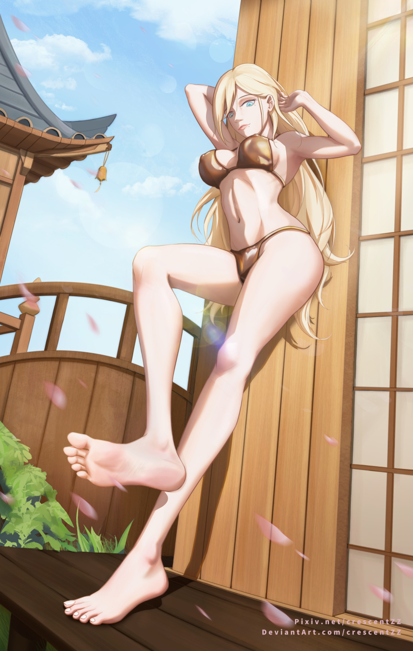 1girl absurdres barefoot bikini blonde_hair blue_eyes cherry_blossoms feet highres kantai_collection long_hair looking_at_viewer richelieu_(kancolle) soles standing swimsuit toes