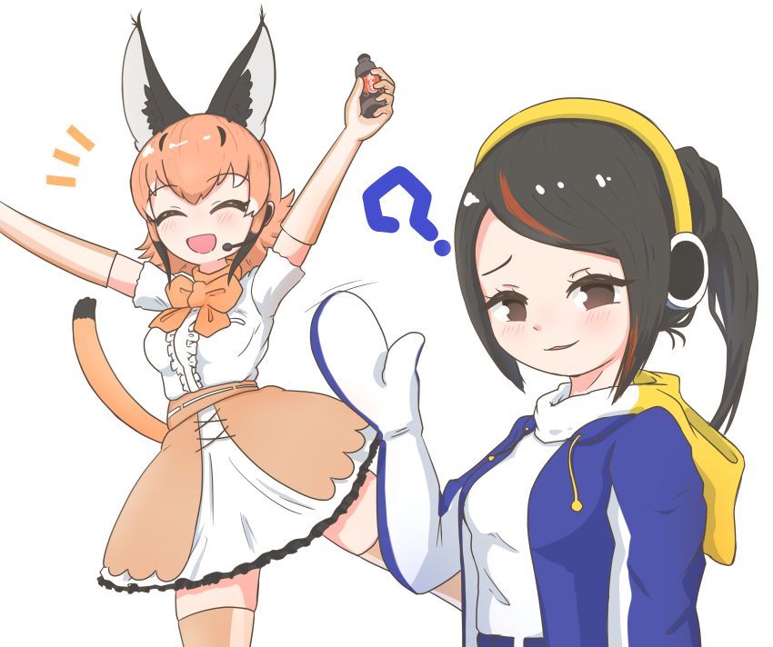 2girls absurdres animal_ears belt black_eyes black_hair bottle bow bowtie caracal_(kemono_friends) cat_ears cat_girl cat_tail elbow_gloves emperor_penguin_(kemono_friends) extra_ears gloves headphones highres hood hoodie kemono_friends kemono_friends_v_project long_hair looking_at_viewer microphone multiple_girls nokemono-san_(bocchi_friend) orange_hair penguin_girl shirt simple_background skirt tail thighhighs virtual_youtuber