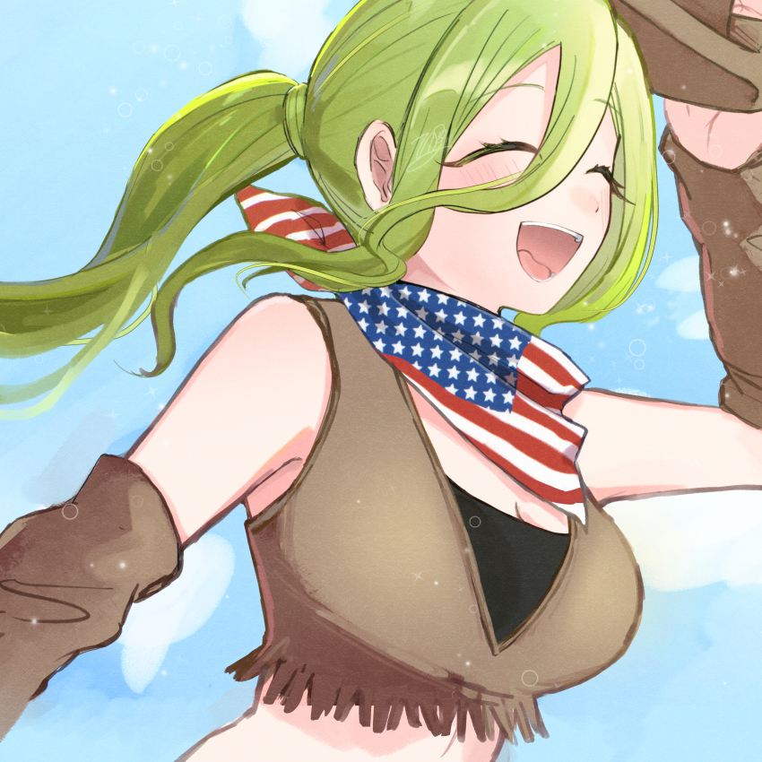 1girl :d ^_^ absurdres american_flag_neckwear blue_sky breasts brown_arm_warmers brown_hat cleavage closed_eyes commentary_request cowboy_hat crop_top day female_focus green_hair hair_between_eyes hat highres kimi_no_koto_ga_dai_dai_dai_dai_daisuki_na_100-nin_no_kanojo large_breasts long_hair long_hair_between_eyes neckerchief open_mouth oyomidtarumi ponytail sidelocks sky smile solo upper_body yamato_nadeshiko_(hyakkano)