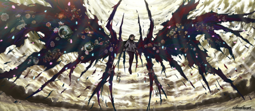 1girl akemi_homura akemi_homura_(magical_girl) artist_name black_pantyhose black_wings_of_corrosion cloud cloudy_sky full_body high_heels looking_to_the_side mahou_shoujo_madoka_magica oversized_limbs pantyhose robin_gunawan sky solo storm