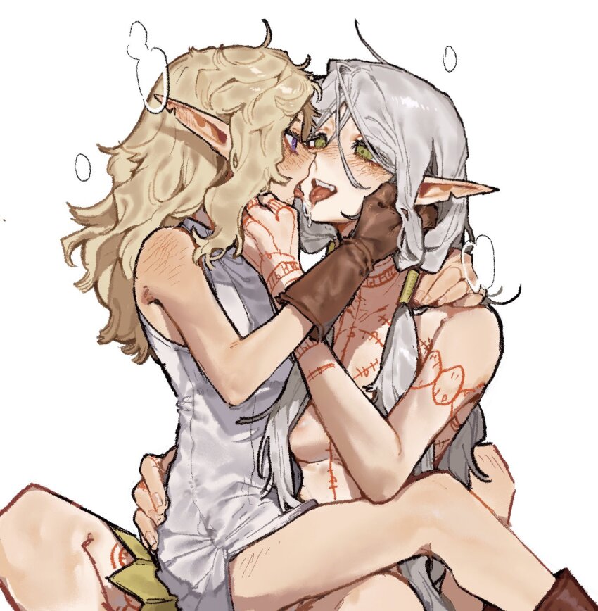 2girls after_kiss arm_tattoo blonde_hair boots brown_footwear brown_gloves chest_tattoo commentary dungeon_meshi elf english_commentary fleki genderswap genderswap_(mtf) gloves green_eyes green_skirt grey_hair hair_tubes highres kiss_focus leg_tattoo long_hair lycion multiple_girls neck_tattoo notched_ear nova_1810 pointy_ears purple_eyes saliva saliva_trail simple_background skirt speech_bubble tattoo topless tunic white_background white_tunic yuri