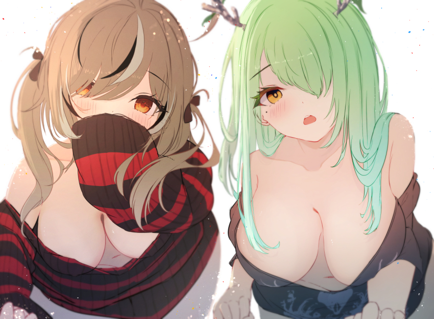 2girls :o ahoge antlers bare_shoulders black_hair black_shirt blush breasts brown_eyes brown_hair ceres_fauna ceres_fauna_(goth) cleavage commentary downblouse extended_downblouse green_hair hair_branch hair_over_one_eye hair_over_shoulder holly_(ruptonotty) hololive hololive_english horizontal-striped_clothes horns large_breasts looking_at_viewer mole mole_under_eye multicolored_hair multiple_girls nanashi_mumei nanashi_mumei_(emo) navel no_bra off_shoulder official_alternate_costume open_mouth shirt sleeves_past_wrists streaked_hair striped_clothes sweater teeth tree_horns twintails virtual_youtuber white_hair yellow_eyes