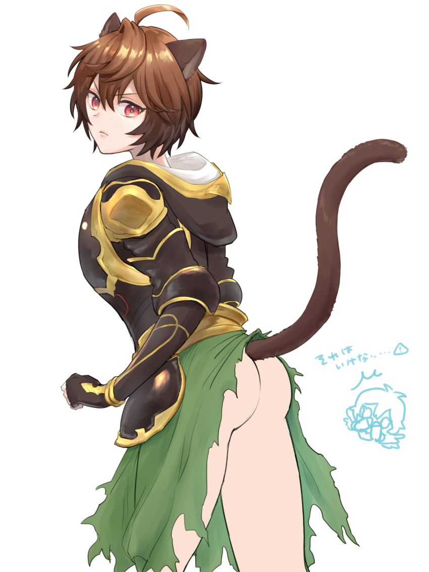 1boy ahoge animal_ears armor ass bottomless breastplate brown_hair cape cat_boy cat_ears cat_tail chibi chibi_inset commentary_request doodle_inset fingerless_gloves gloves granblue_fantasy green_cape hair_between_eyes highres hood hood_down kemonomimi_mode looking_at_viewer looking_back lucifer_(shingeki_no_bahamut) male_focus messy_hair red_eyes sandalphon_(granblue_fantasy) short_hair shoulder_armor simple_background tail w_s6y white_background