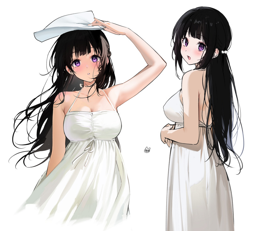 1girl :o arm_up armpits black_hair blush breasts chitanda_eru cleavage collarbone cropped_legs dress floating_hair highres hyouka large_breasts long_hair looking_at_viewer looking_to_the_side mery_(yangmalgage) multiple_views own_hands_together purple_eyes simple_background sleeveless sleeveless_dress straight_hair very_long_hair white_background white_dress