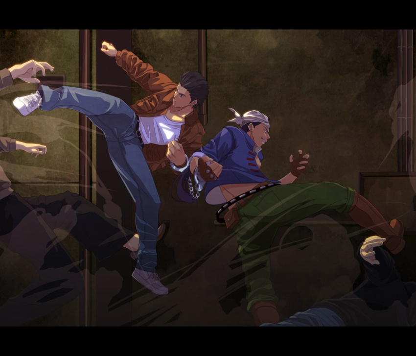 4boys bandana belt brown_hair chain clenched_hands fighting fingerless_gloves gloves hazuki_ryou kicking male_focus multiple_boys ren_wu_ying shenmue shenmue_ii tsukumo_(soar99)