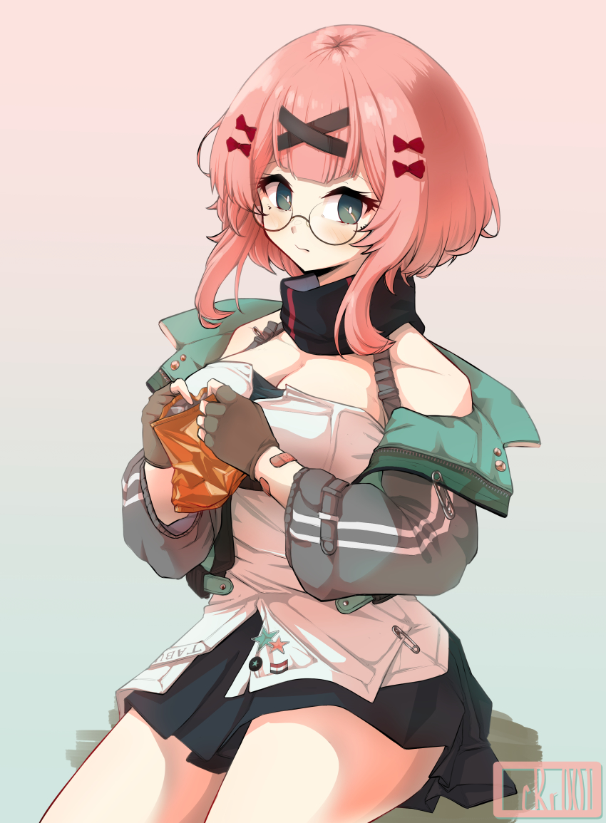 1girl absurdres bandaged_arm bandages breasts character_name chips_(food) crr001 fingerless_gloves food girls&#039;_frontline glasses gloves hair_ornament highres holding holding_food iraqi_flag jacket large_breasts pink_hair safety_pin scarf short_hair short_hair_with_long_locks solo star_pin tabuk_(girls&#039;_frontline) x_hair_ornament