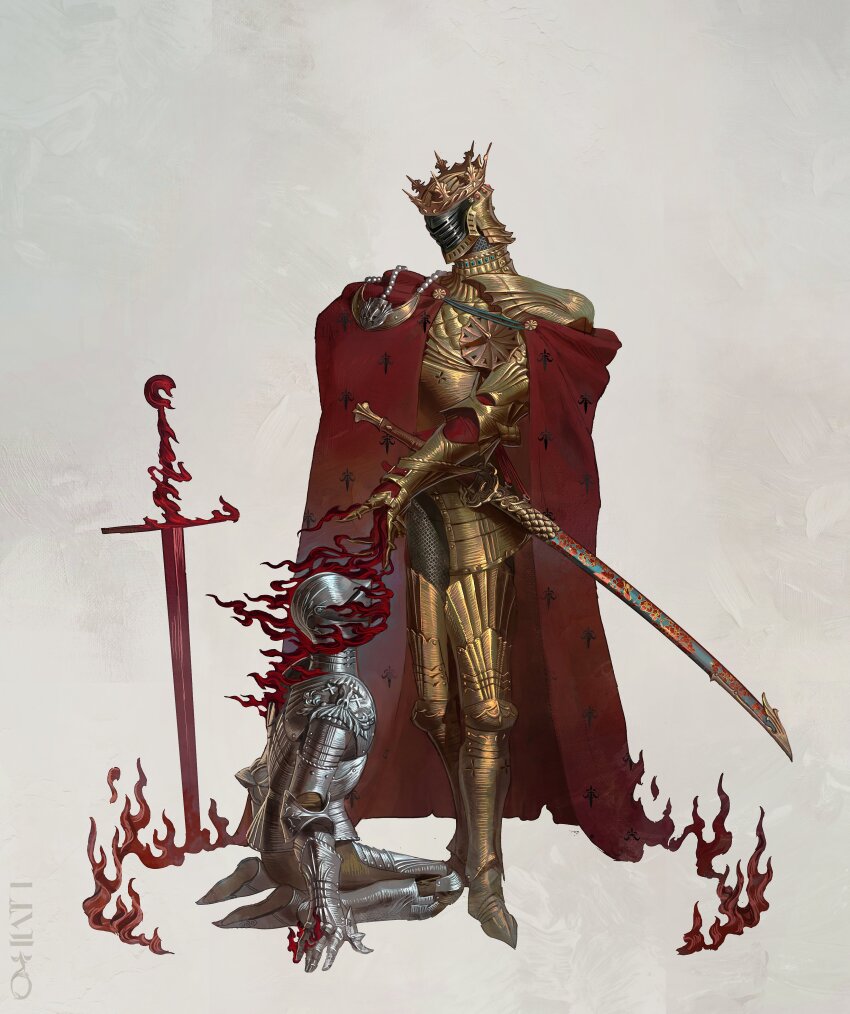 2boys absurdres armor cape crown fire full_armor gold_armor grey_background highres kneeling knight multiple_boys ofthelimbo original planted planted_sword planted_weapon red_cape simple_background standing sword weapon