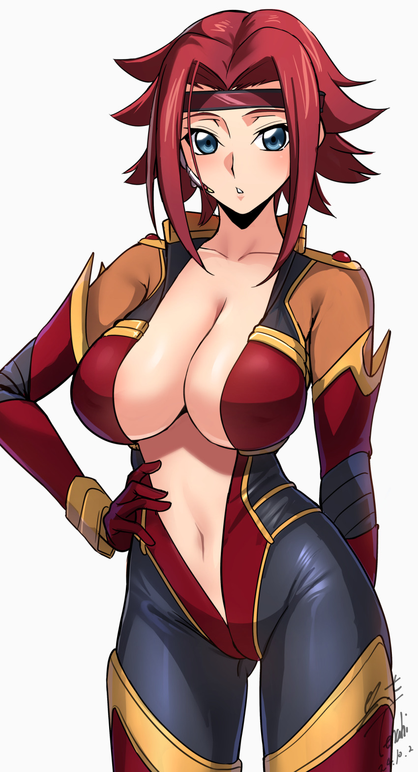 1girl absurdres arm_behind_back blue_eyes bodysuit breasts cleavage code_geass code_geass:_lost_stories commentary_request cowboy_shot dated gluteal_fold hair_intakes hand_on_own_hip headband highres kouzuki_kallen large_breasts looking_at_viewer mecha_pilot_suit multicolored_bodysuit multicolored_clothes navel open_bodysuit open_clothes parted_lips red_hair red_headband short_hair sidelocks signature simple_background skin_tight solo standing teeth white_background yoo_tenchi