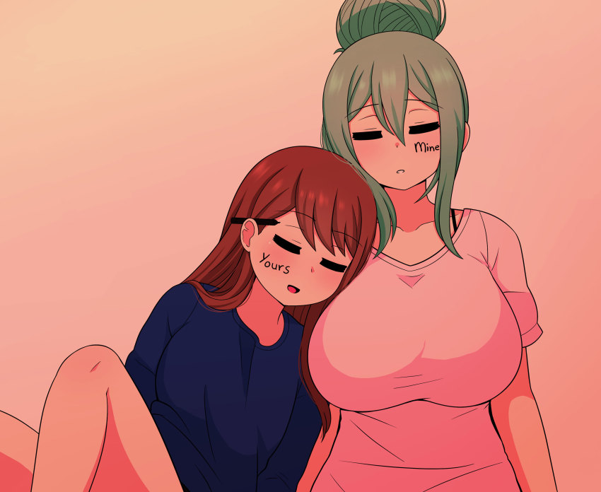 2girls asa_midori blush body_writing bra_strap breasts brown_hair closed_eyes commentary green_hair hair_bun highres large_breasts long_sleeves marker medium_breasts multiple_girls open_mouth original rezu_(the_only_shoe) shirt simple_background single_hair_bun sleeping symbol-only_commentary t-shirt the_only_shoe writing_on_face yuri