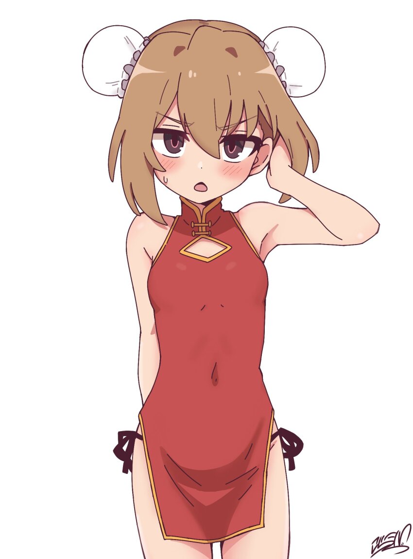 1girl adjusting_hair aisaka_taiga alternate_costume alternate_hairstyle breasts brown_eyes brown_hair bun_cover china_dress chinese_clothes commentary covered_navel cowboy_shot double_bun dress english_commentary hair_bun highres koonowen looking_at_viewer medium_hair red_dress side_slit signature simple_background sleeveless sleeveless_dress small_breasts solo standing toradora! v-shaped_eyebrows white_background