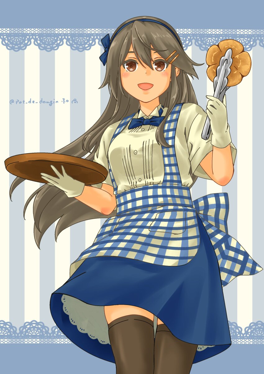 1girl absurdres alternate_costume apron black_hair black_thighhighs blue_apron blue_background blue_bow blue_bowtie blue_skirt blush bow bowtie bread breasts brown_eyes checkered_apron checkered_clothes employee_uniform food gingham gingham_apron gingham_skirt hair_ornament hairband hairclip haruna_(kancolle) haruna_kai_ni_(kancolle) high-waist_skirt highres holding holding_tongs kantai_collection kobeya_uniform long_hair looking_at_viewer medium_breasts open_mouth plaid_apron plaid_clothes pleated_shirt pot-de shirt short_sleeves skirt smile solo striped_background thighhighs tongs waitress white_shirt