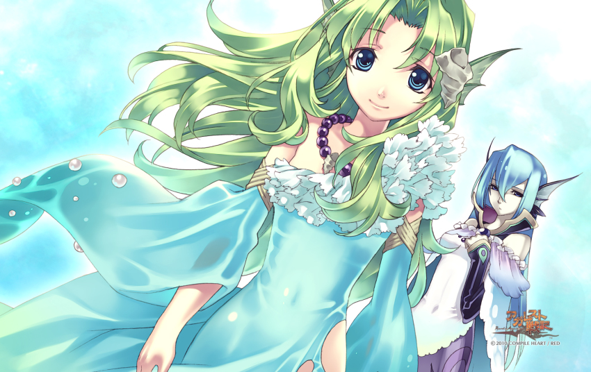 10s 1girl 2010 2girls agarest_senki agarest_senki_(series) aqua_background blue_eyes blue_hair company_name copyright_name detached_sleeves dutch_angle fins frills game_cg green_hair highres hirano_katsuyuki jewelry landa_(agarest_senki) long_hair multiple_girls necklace official_art pale_skin reverie_(agarest_senki) smile