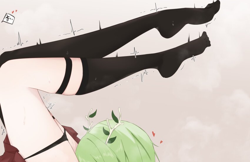 2girls antlers black_panties black_socks black_thighhighs ceres_fauna commentary cunnilingus good_thighs_day green_hair hashtag-only_commentary heart highres hololive hololive_english horns kneehighs leaf multiple_girls nanashi_mumei narukahana no_shoes oral panties panty_pull socks sweat thighhighs trembling underwear virtual_youtuber yuri