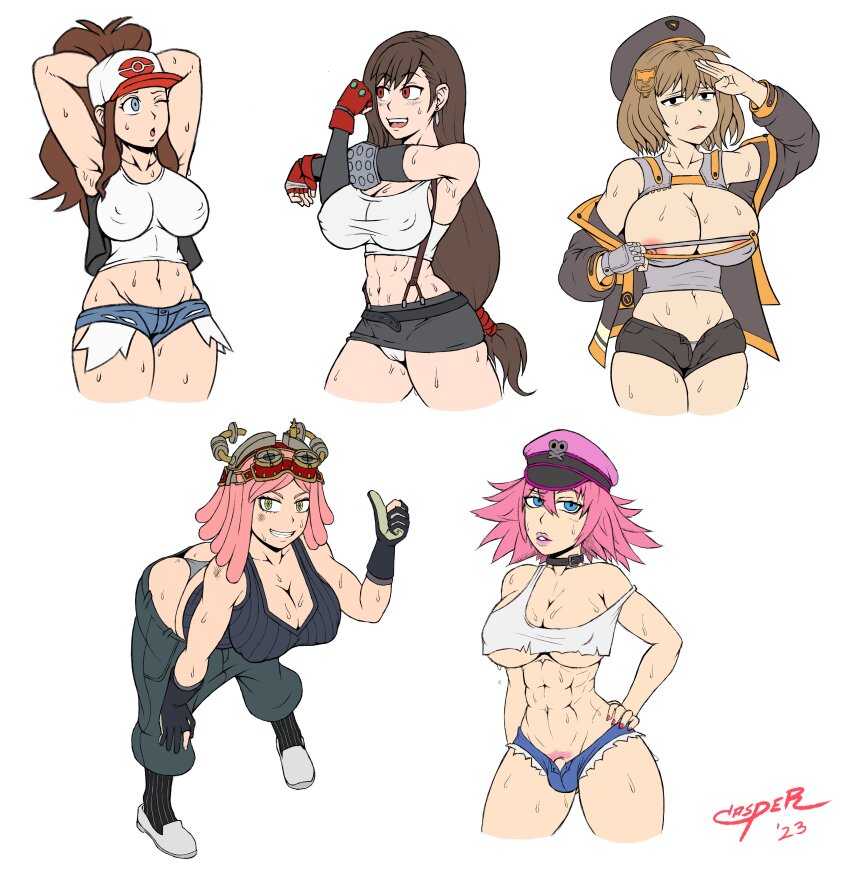 5girls abs anis_(nikke) arm_up armpits arms_behind_head artist_name baseball_cap blue_eyes boku_no_hero_academia breasts brown_hair cameltoe capcom casper_(blazecasper) cleavage clothes_pull covered_erect_nipples creatures_(company) crossed_arms dated denim denim_shorts final_fantasy final_fantasy_vii final_fight fingerless_gloves game_freak gloves goddess_of_victory:_nikke hand_on_knee hand_on_own_hip hand_on_own_knee hat hatsume_mei highres hilda_(pokemon) large_breasts leaning_forward legs long_hair looking_at_viewer medium_hair midriff multiple_girls navel nintendo nipple_slip nipples one_eye_closed open_mouth panties parted_lips pink_hair poison_(final_fight) pokemon pokemon_bw ponytail pubic_hair pubic_hair_peek puckered_lips pulling_own_clothes red_eyes seductive_gaze seductive_smile shirt short_shorts shorts skirt sleeveless sleeveless_shirt smile street_fighter suspenders sweat tank_top teeth thick_thighs thighs thong thumbs_up tifa_lockhart toned tongue unbuttoned underboob underwear unzipped whale_tail_(clothing) white_panties wink