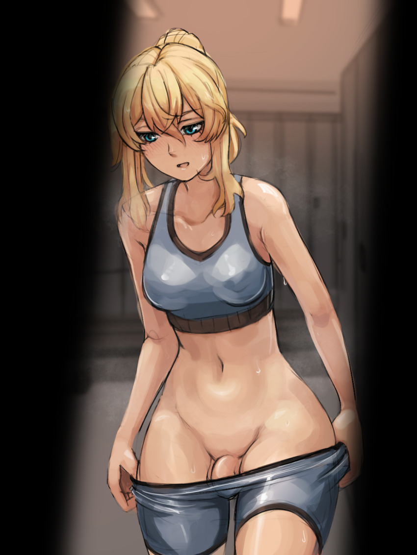 1futa alternate_hairstyle aqua_eyes blonde_hair blue_bra blue_shorts bra breasts bridget_(guilty_gear) commentary_request cowboy_shot flaccid futanari guilty_gear guilty_gear_strive gym_shorts highres indoors navel open_mouth peeking penis ponytail shorts sidelocks silentlumi small_penis solo sports_bra sportswear standing sweat testicles underwear undressing wide_hips