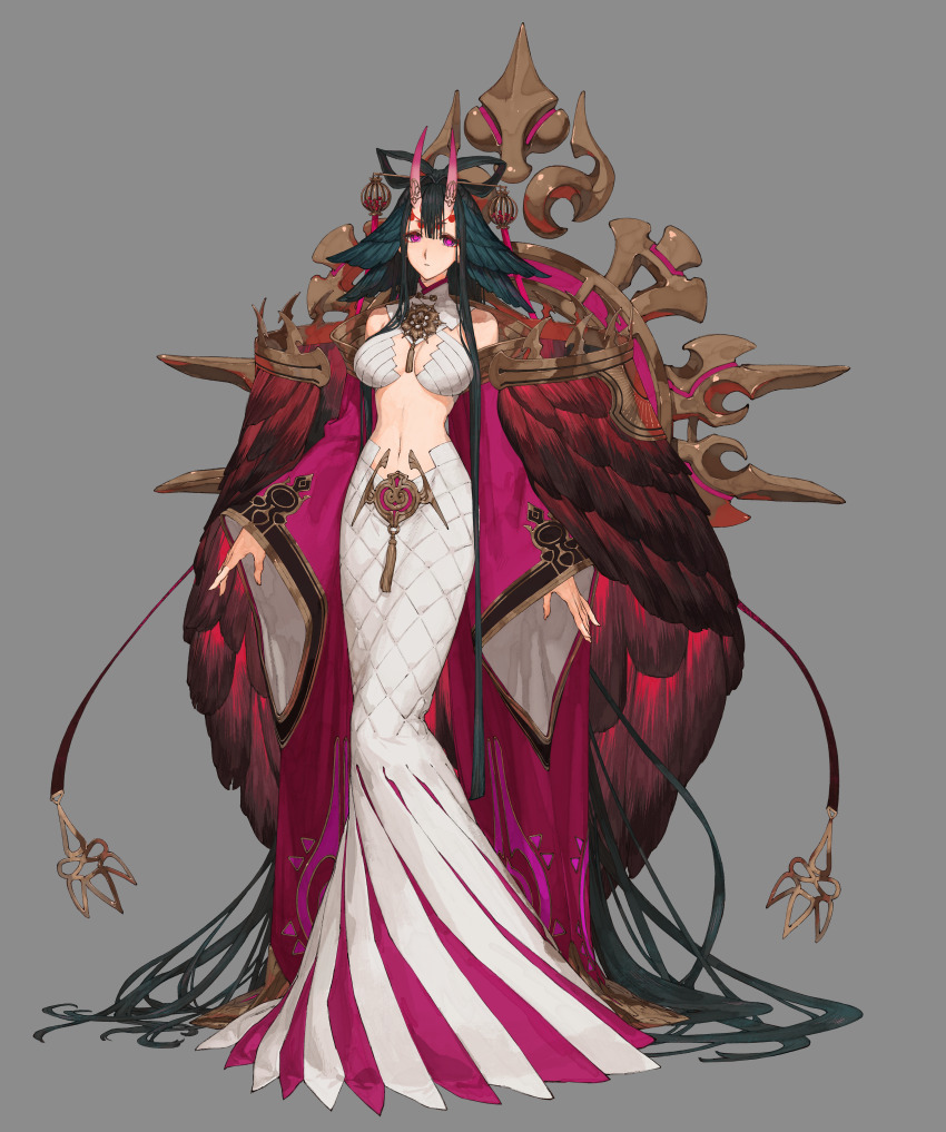 1girl absurdly_long_hair absurdres black_hair bow-shaped_hair bra breasts brooch detached_collar detached_sleeves facial_mark fate/samurai_remnant fate_(series) feather_hair_ornament feathered_cape feathers floating floating_object forehead_mark full_body gradient_horns grey_background hair_ornament hairpin highres horns incredibly_absurdres japanese_clothes jewelry kishimojin_(fate) large_breasts long_hair long_skirt looking_at_viewer midriff multicolored_horns navel official_art oni pink_eyes pink_horns pink_skirt protected_link revealing_clothes rogue_berserker_(fate/samurai_remnant) second-party_source shirt simple_background skin-covered_horns skirt solo standing tachi-e two-tone_skirt underwear very_long_hair wataru_rei white_bra white_shirt wide_sleeves