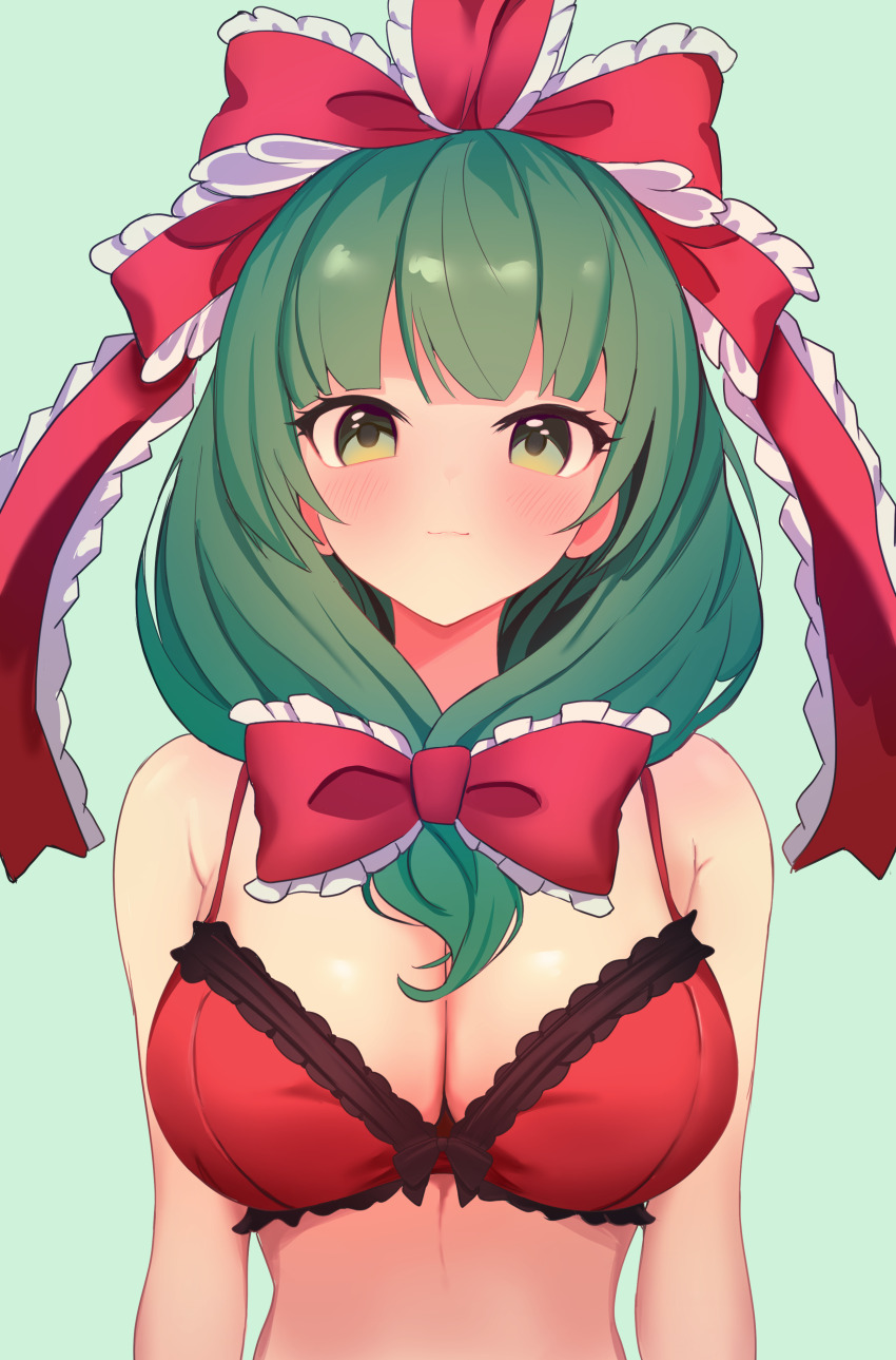 1girl absurdres bikini bow breasts front_ponytail green_eyes green_hair hair_bow hair_ribbon highres kagiyama_hina looking_at_viewer red_bikini red_bow red_ribbon ribbon rioku smile solo swimsuit touhou upper_body