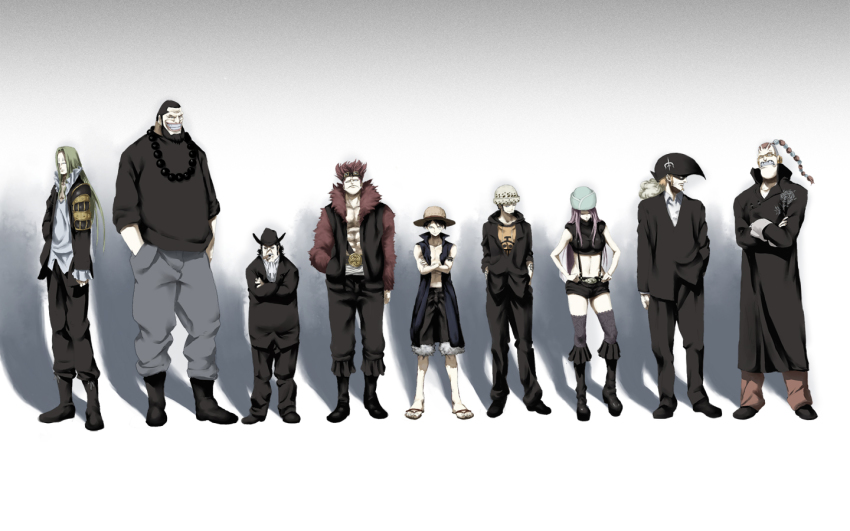 1girl 6+boys basil_hawkins belt boots capone_gang_bege cigar eustass_kid everyone formal_clothes ghost_in_the_shell ghost_in_the_shell_lineup ghost_in_the_shell_stand_alone_complex glasses hat iridori jacket jewelry jewelry_bonney lace lineup long_sideburns monkey_d._luffy multiple_boys necklace one_piece orange_hair parody patterned_legwear pirate red_hair sandals scratchmen_apoo sideburns straw_hat supernova suspenders trafalgar_law urouge x_drake