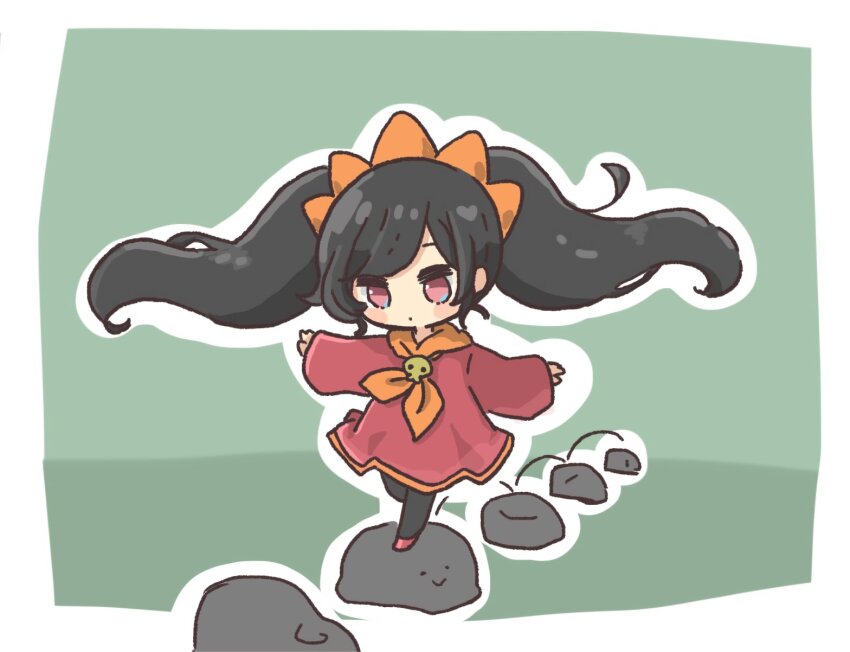 1girl ashley_(warioware) black_hair black_pantyhose blush_stickers closed_mouth dot_mouth dress full_body highres jumping kyoro_ai00 kyoroai00 long_hair neckerchief nintendo orange_neckerchief outline outstretched_arms pantyhose pink_eyes red_dress rock skipping skull_ornament solo spread_arms twintails very_long_hair warioware white_outline