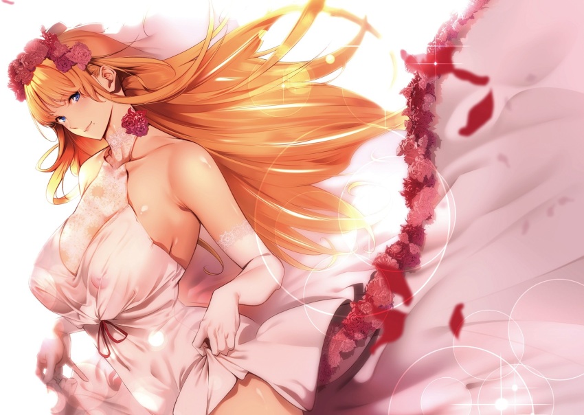 1girl armpits bare_shoulders blonde_hair blue_eyes blush breasts bridal_veil bride closed_mouth covered_erect_nipples covered_navel dress elbow_gloves female_focus floating_hair flower gloves hair_flower hair_ornament hands_up highres large_breasts lifting_own_clothes light_smile long_hair looking_at_viewer mira_(master_piece) mole mole_under_mouth nanao_(mahaya) nipples no_bra original petals rose rose_petals see-through_clothes simple_background smile solo standing upper_body veil wedding_dress white_background wind