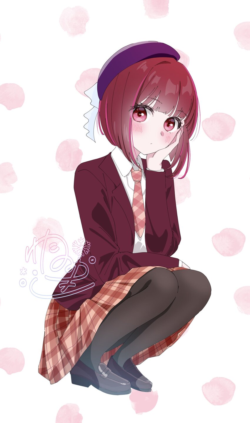 1girl absurdres arima_kana beret black_footwear black_pantyhose blush bob_cut closed_mouth hat highres jacket long_sleeves looking_at_viewer medium_hair necktie oshi_no_ko pantyhose purple_hat red_eyes red_hair red_jacket red_necktie red_skirt school_uniform shirt shoes short_hair skirt solo watano_yuki white_background white_shirt