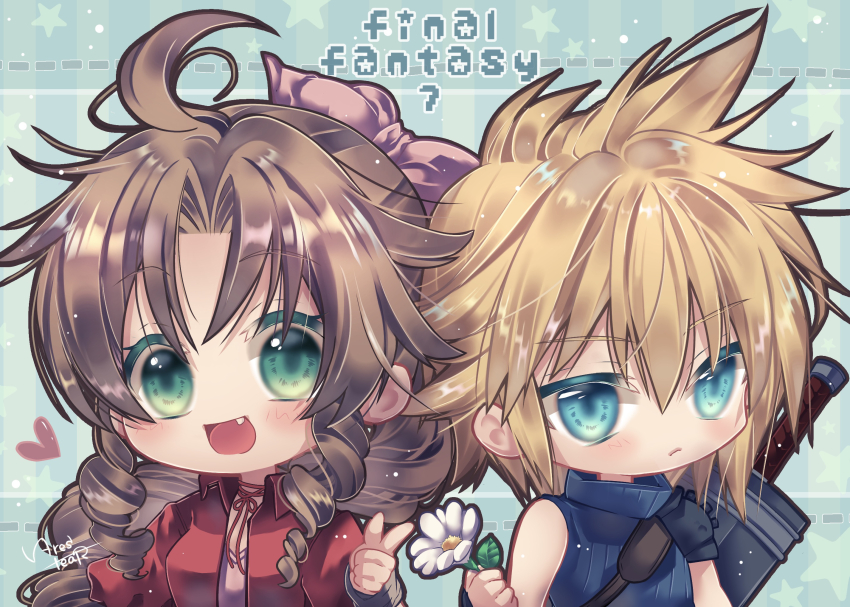 1boy 1girl aerith_gainsborough ahoge aqua_background aqua_eyes arestear0701 armor bangle blue_shirt blush bracelet braid braided_ponytail breasts buster_sword chibi choker cloud_strife curly_hair dress fang final_fantasy final_fantasy_vii flower green_eyes hair_between_eyes hair_ribbon heart highres holding holding_flower jacket jewelry long_hair looking_at_viewer medium_breasts open_mouth parted_bangs pink_dress pink_ribbon pointing pointing_at_viewer red_jacket ribbon ribbon_choker shirt short_hair shoulder_armor sidelocks single_bare_shoulder single_braid sleeveless sleeveless_turtleneck smile spiked_hair turtleneck upper_body white_flower