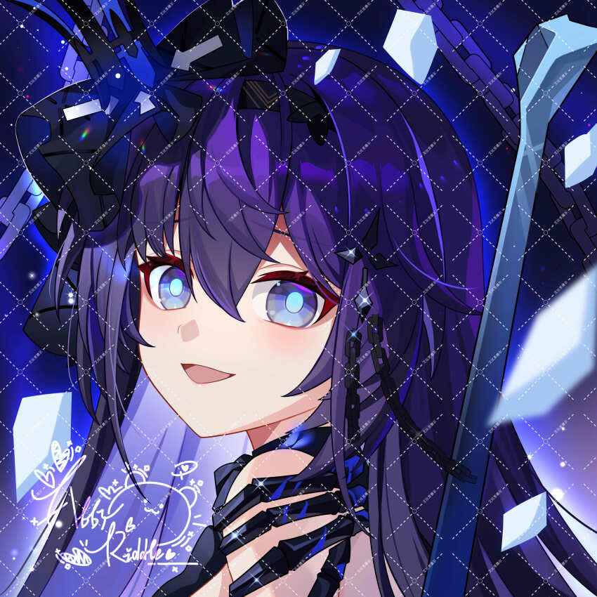 1girl abby_riddle absurdres artist_logo blue_pupils chain chinese_commentary colored_inner_hair commentary_request hair_between_eyes hair_ornament highres honkai_(series) honkai_impact_3rd logo long_hair looking_at_viewer multicolored_hair official_alternate_costume open_mouth purple_hair seele_vollerei seele_vollerei_(eternal_night&#039;s_embrace) seele_vollerei_(herrscher_of_rebirth) smile solo white_eyes