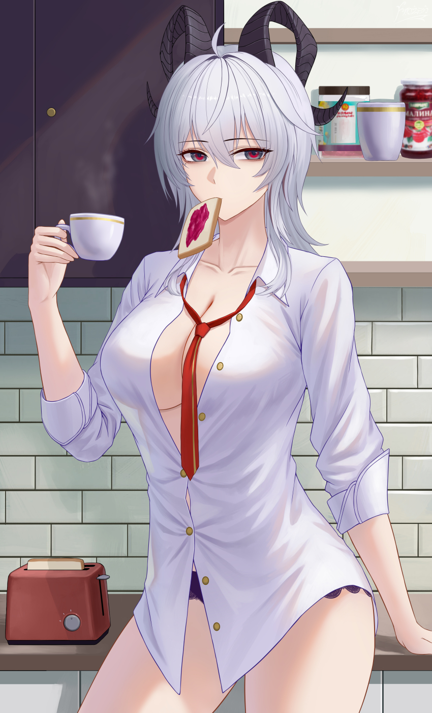 absurdres black_eyes black_horns bread bread_slice breasts coffee_mug collarbone collared_shirt cup curled_horns eating food food_in_mouth frozen-sad hair_between_eyes highres holding holding_cup horns indoors jam large_breasts looking_at_viewer loose_necktie medium_hair mouth_hold mug necktie no_jacket no_pants panties partially_unbuttoned purple_panties red_eyes red_necktie shirt toast toast_in_mouth toaster two-tone_eyes underwear white_hair white_shirt wuthering_waves zani_(wuthering_waves)