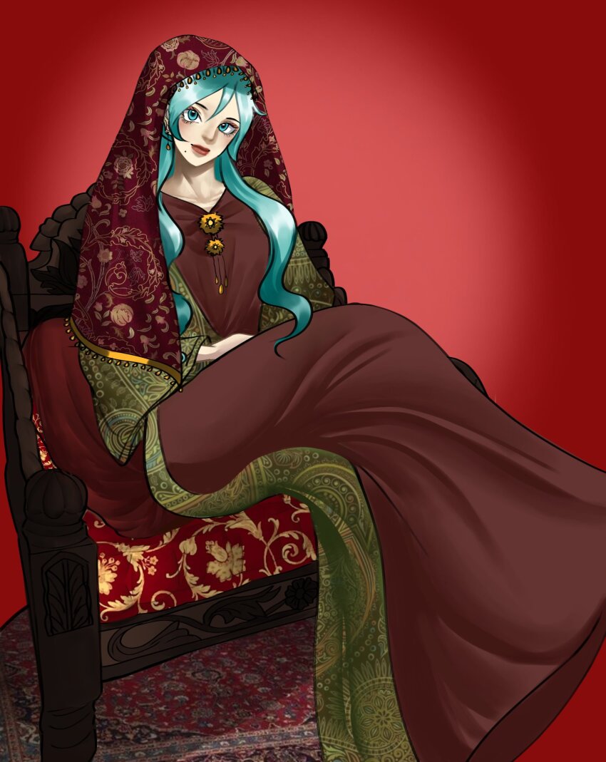 1girl aqua_eyes aqua_hair brown_dress clothing_request crossed_legs dress earrings hatsune_miku highres iran iranian_clothes jewelry long_hair looking_at_viewer mole mole_under_mouth print_dress red_background shadow sitting solo vocaloid worldwide_miku yukiikura