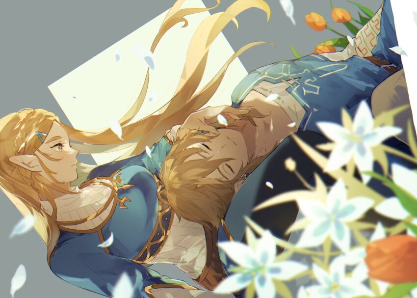 1boy 1girl blonde_hair blue_flower blue_pants blue_shirt braid breasts champion&#039;s_tunic_(zelda) closed_eyes closed_mouth commentary_request crown_braid ear_piercing falling_petals floating_hair flower forehead green_eyes hair_ornament hairclip hand_on_another&#039;s_face highres lap_pillow link long_hair long_sleeves lying medium_breasts nintendo orange_flower orange_tulip pants petals piercing princess_zelda profile shirt short_hair sidelocks silent_princess ten_1397xx the_legend_of_zelda the_legend_of_zelda:_breath_of_the_wild tulip two-tone_shirt white_shirt