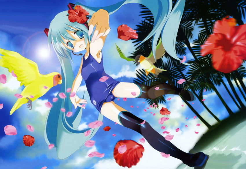 1girl beach bird black_thighhighs day female_focus flower green_eyes green_hair hatsune_miku headset hibiscus highres long_hair matching_hair/eyes miyashita_miki non-web_source one-piece_swimsuit outdoors palm_tree parrot petals school_swimsuit sky solo standing standing_on_one_leg swimsuit thighhighs tree twintails very_long_hair vocaloid