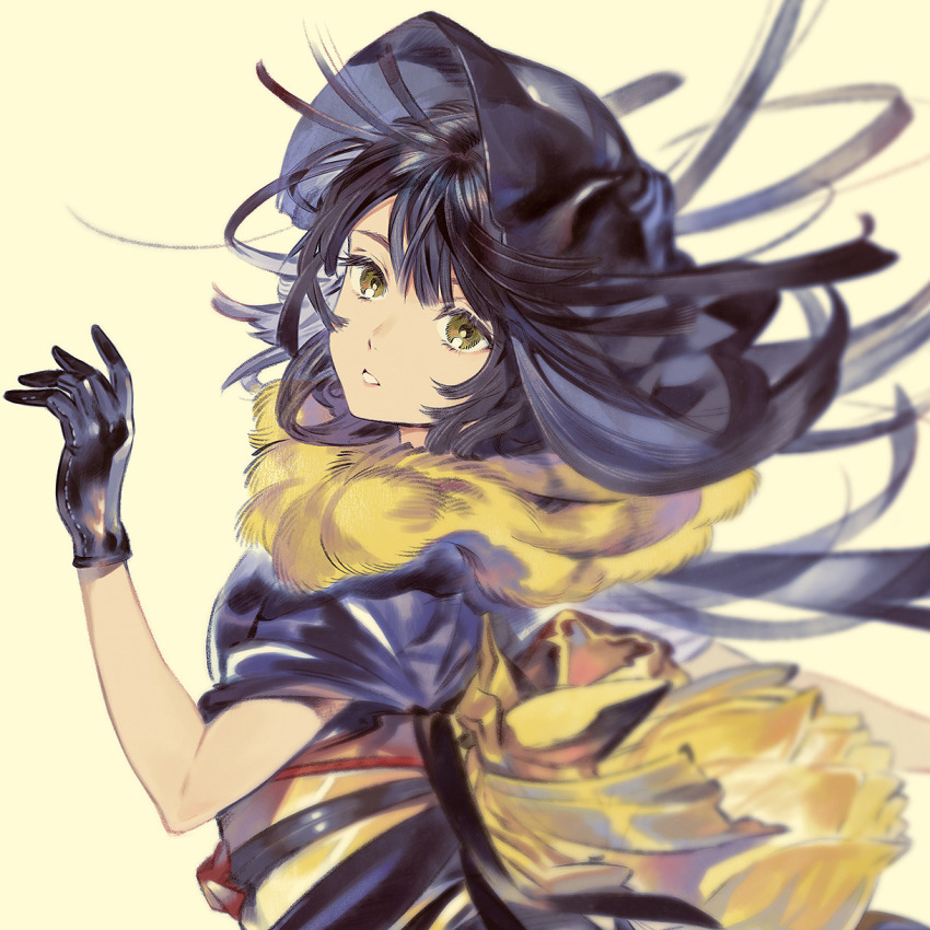 1girl back_bow black_gloves black_hair bow brown_eyes gloves hand_up highres long_hair looking_at_viewer original parted_lips simple_background solo umishima_senbon upper_body yellow_background yellow_bow