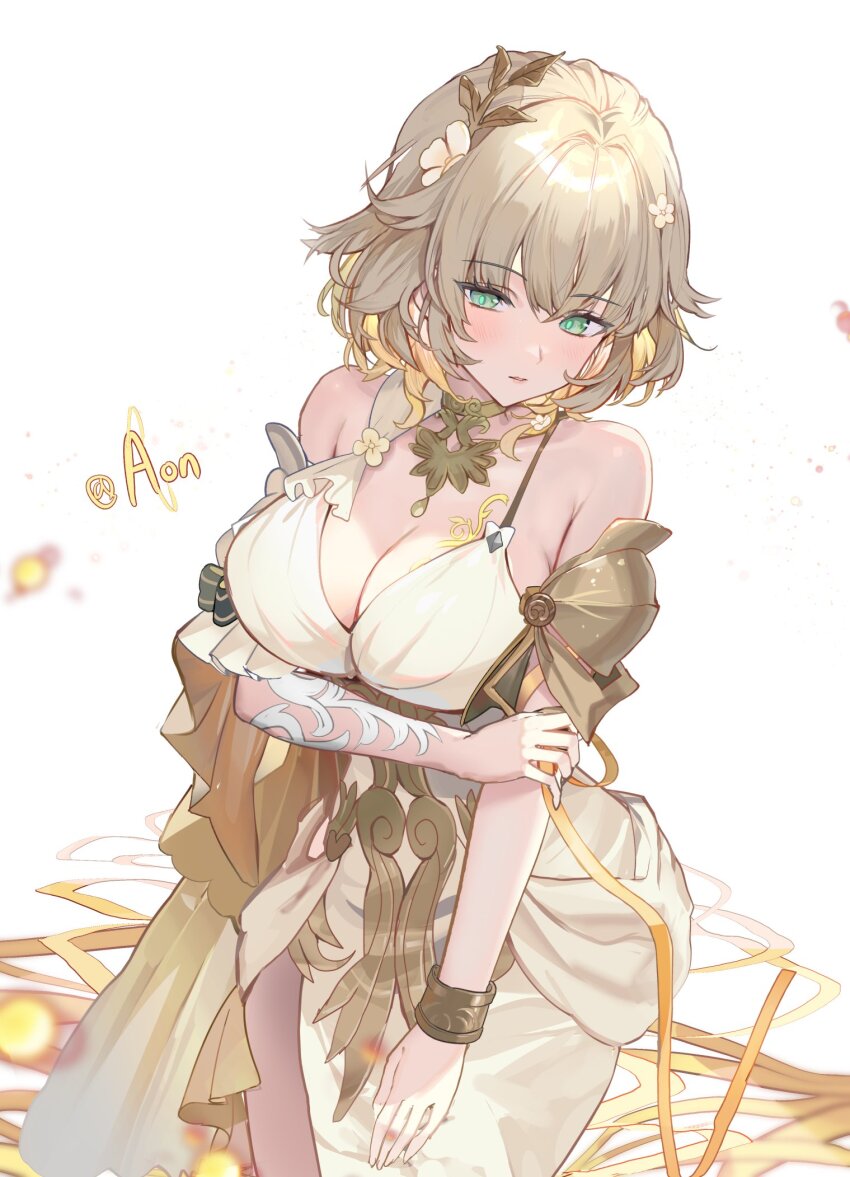 1girl a_(sofi3103) aglaea_(honkai:_star_rail) ancient_greek_clothes breast_tattoo breasts cleavage commentary_request dress flower greco-roman_clothes green_eyes hair_flower hair_ornament highres honkai:_star_rail honkai_(series) large_breasts laurel_crown parted_lips short_hair simple_background solo tattoo thread twitter_username white_background white_dress