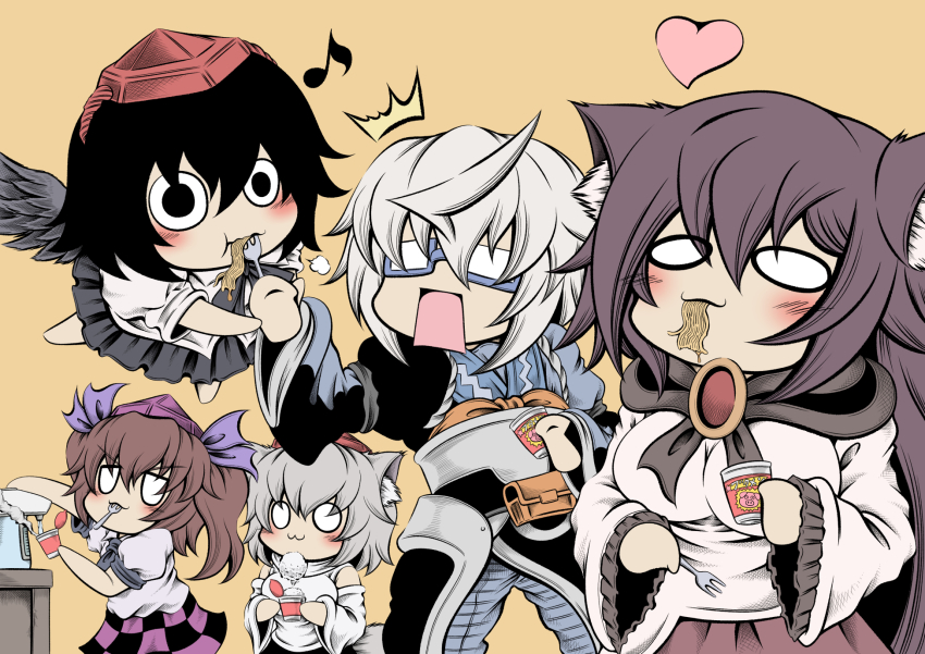 0_0 1boy 3girls :3 ahoge animal_ears black_hair breasts brown_hair chibi commentary_request cup_ramen eating fork glasses grey_hair hat hidefu_kitayan highres himekaidou_hatate imaizumi_kagerou instant_ramen inubashiri_momiji large_breasts long_hair morichika_rinnosuke multiple_girls musical_note open_mouth shameimaru_aya short_hair simple_background skirt touhou twintails wings wolf_ears