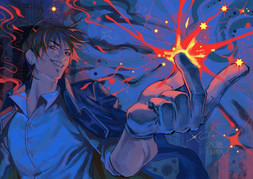 1boy abstract abstract_background absurdres adam&#039;s_apple alchemy amestris_military_uniform arm_at_side artist_name bad_tag black_eyes black_hair black_theme blue_background blue_theme buttons cityscape collared_jacket collared_shirt dress_shirt embers fire foreshortening fullmetal_alchemist gloves grin hand_focus hand_up highres impressionism jacket jacket_on_shoulders lapels limited_palette looking_at_viewer male_focus messy_hair military_jacket muted_color red_theme roy_mustang sharp_teeth shirt sideways_glance silver_trim sleeves_rolled_up smile smoke snapping_fingers sparks spectral_equinox spot_color teeth tsurime upper_body white_gloves white_shirt yellow_theme