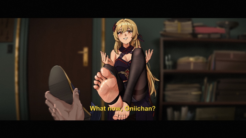 1boy 1girl aether_(genshin_impact) barefoot blonde_hair brother_and_sister feet foot_focus genshin_impact highres holding_shoe incest lumine_(genshin_impact) presenting_foot shoes siblings soles sweat sweatdrop unworn_shoes