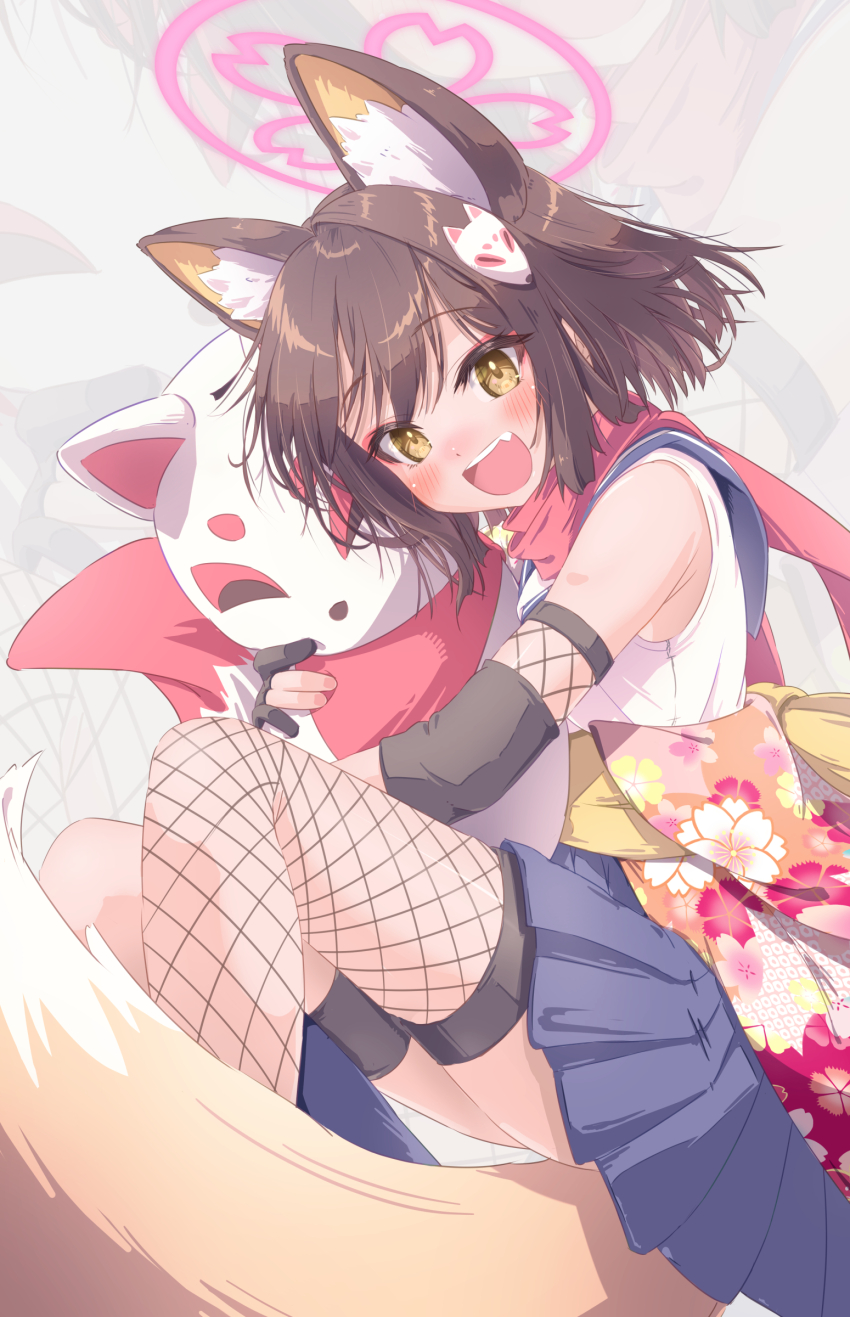 1girl absurdres animal_ear_fluff animal_ears blue_archive blue_sailor_collar blue_skirt blush breasts brown_hair eyeshadow fishnet_thighhighs fishnets fox_ears fox_girl fox_hair_ornament fox_shadow_puppet fox_tail hair_ornament halo highres izuna_(blue_archive) looking_at_viewer makeup open_mouth pink_eyeshadow pink_halo pink_scarf pom_pom_(clothes) pom_pom_hair_ornament red_scarf sailor_collar scarf shirt skirt sleeveless smile solo stuffed_toy tail thighhighs tomonx white_shirt yellow_eyes